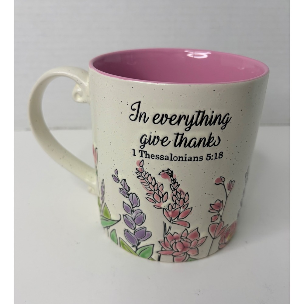 InHomestylez Give Thanks 1 Thessalonians 5:18 Floral Ceramic Mug Pink Inside